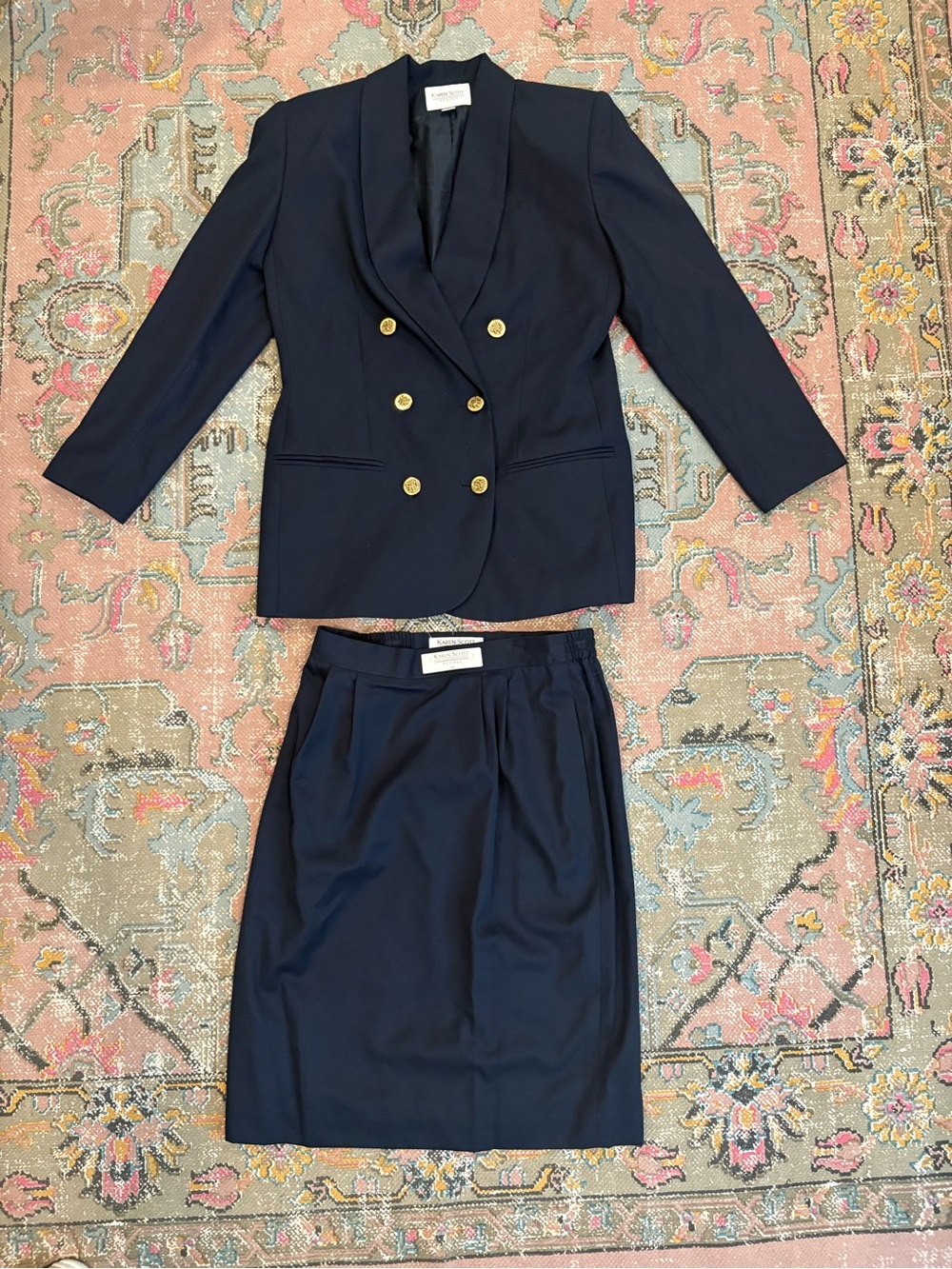 Karen Scott Navy Double-Breasted Blazer & Skirt Set with Gold Buttons
